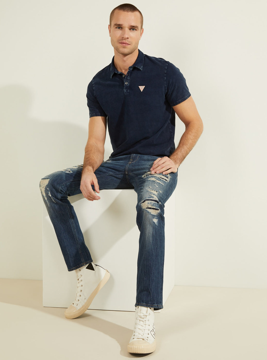 GUESS Men's Deep Blue Eli Jersey Washed Polo T-Shirt M0YP68R9Y10 Full View