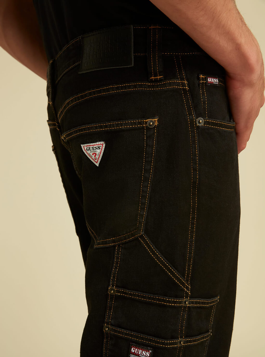 GUESS Mens GUESS Originals Straight Fit Carpenter Denim Jeans in Vintage Black Wash  M1GA06R4AS0 Model Back Detail View