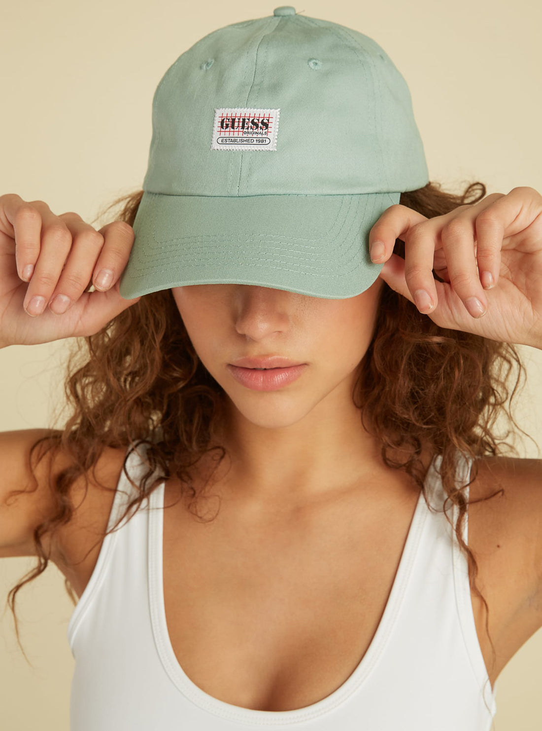 GUESS Unisex GUESS Originals Green Dad Cap M1GZ36W7KD0 Female Model Front View