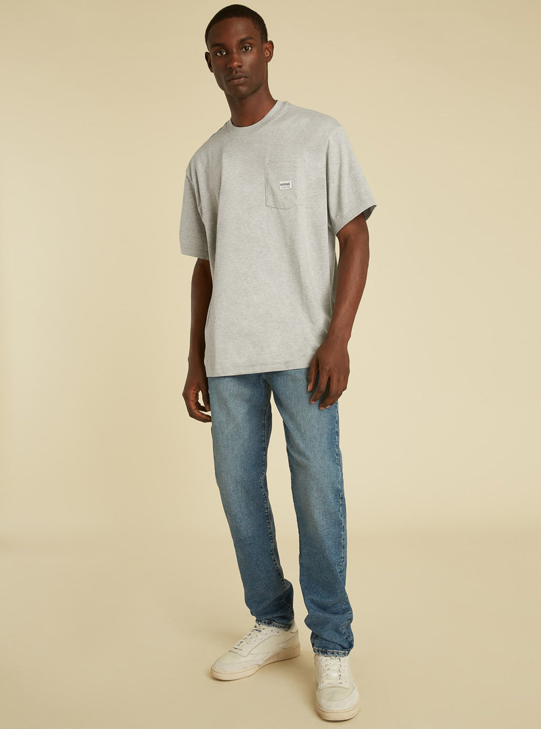 GUESS Mens GUESS Originals Light Grey Pocket T-Shirt M1GI23RAL40 Model Full View