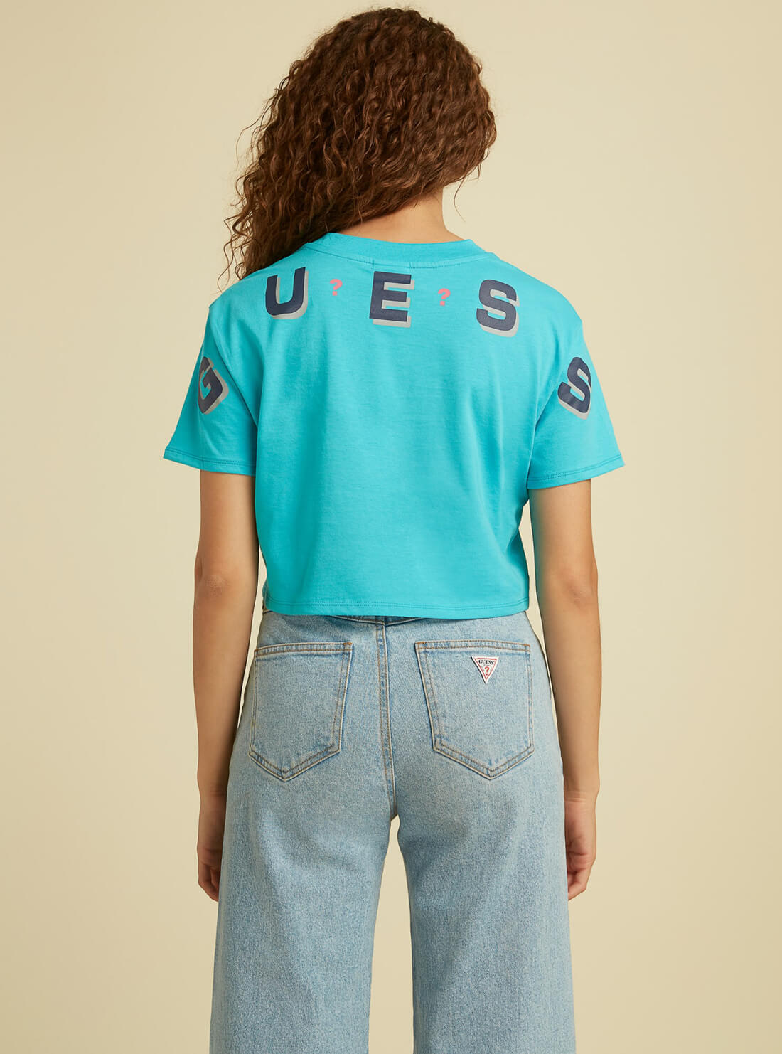 GUESS Womens GUESS Originals Teal Blue Arch Logo Crop T-Shirt W1GI12R9YD1 Back View
