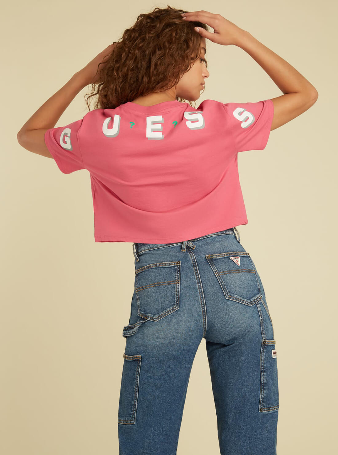 GUESS Womens GUESS Originals Pink Arch Logo Crop T-Shirt W1GI12R9YD1 Back View