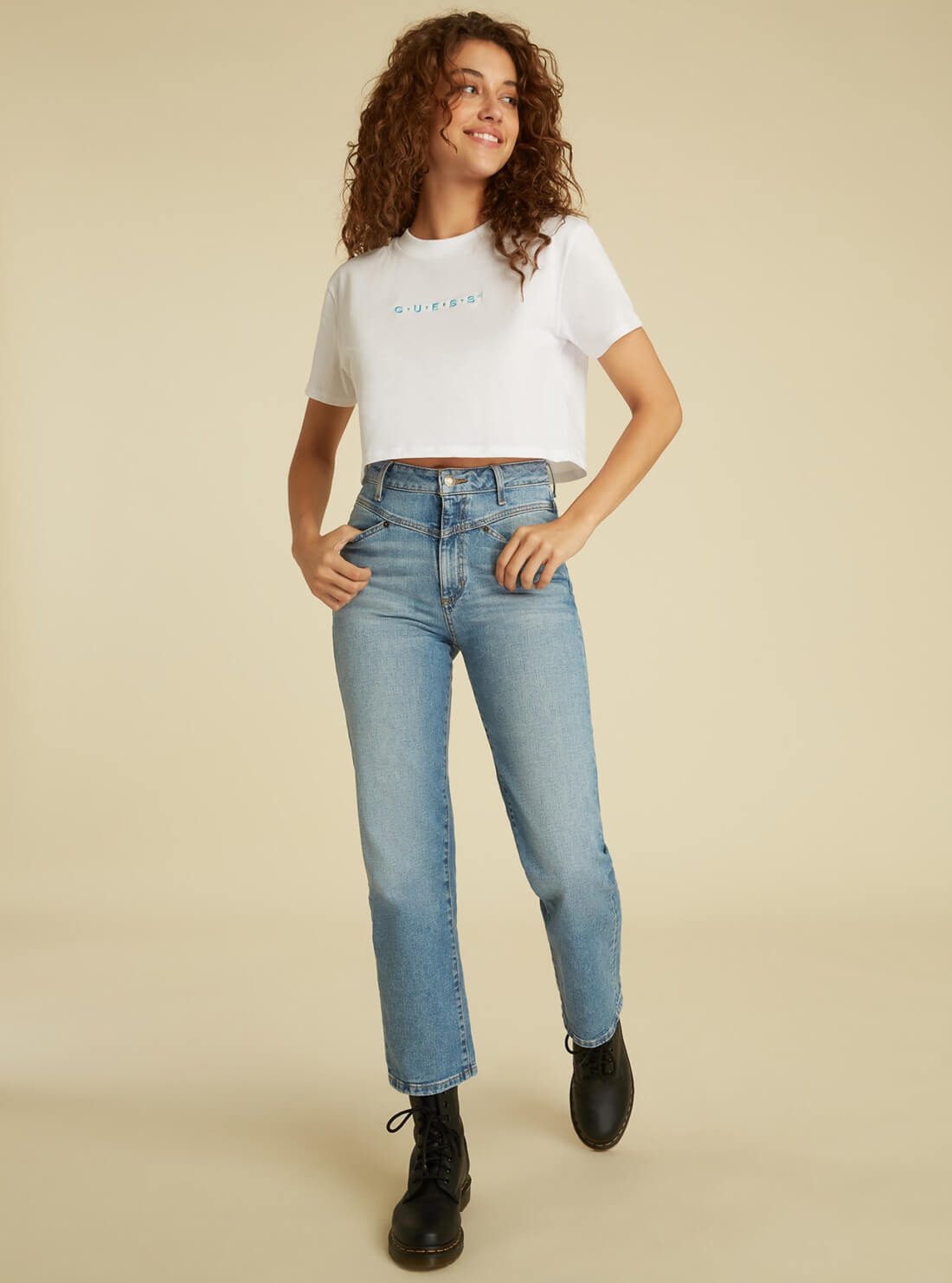 GUESS Womens GUESS Originals White Arch Logo Crop T-Shirt W1GI12R9YD1 Full View