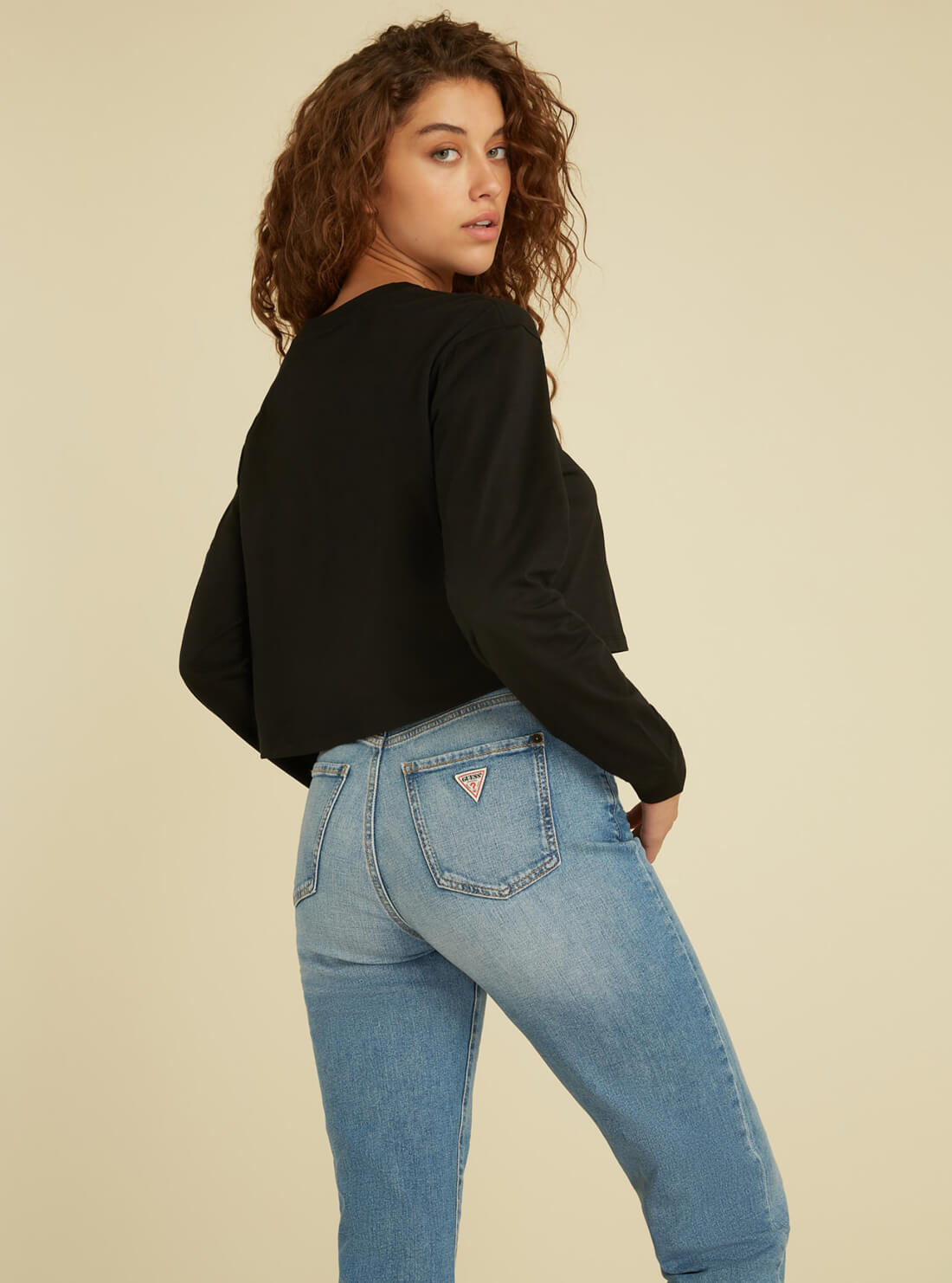 GUESS Womens GUESS Originals Black Logo Long Sleeve Crop T-Shirt W1GI13R9YD1 Back View