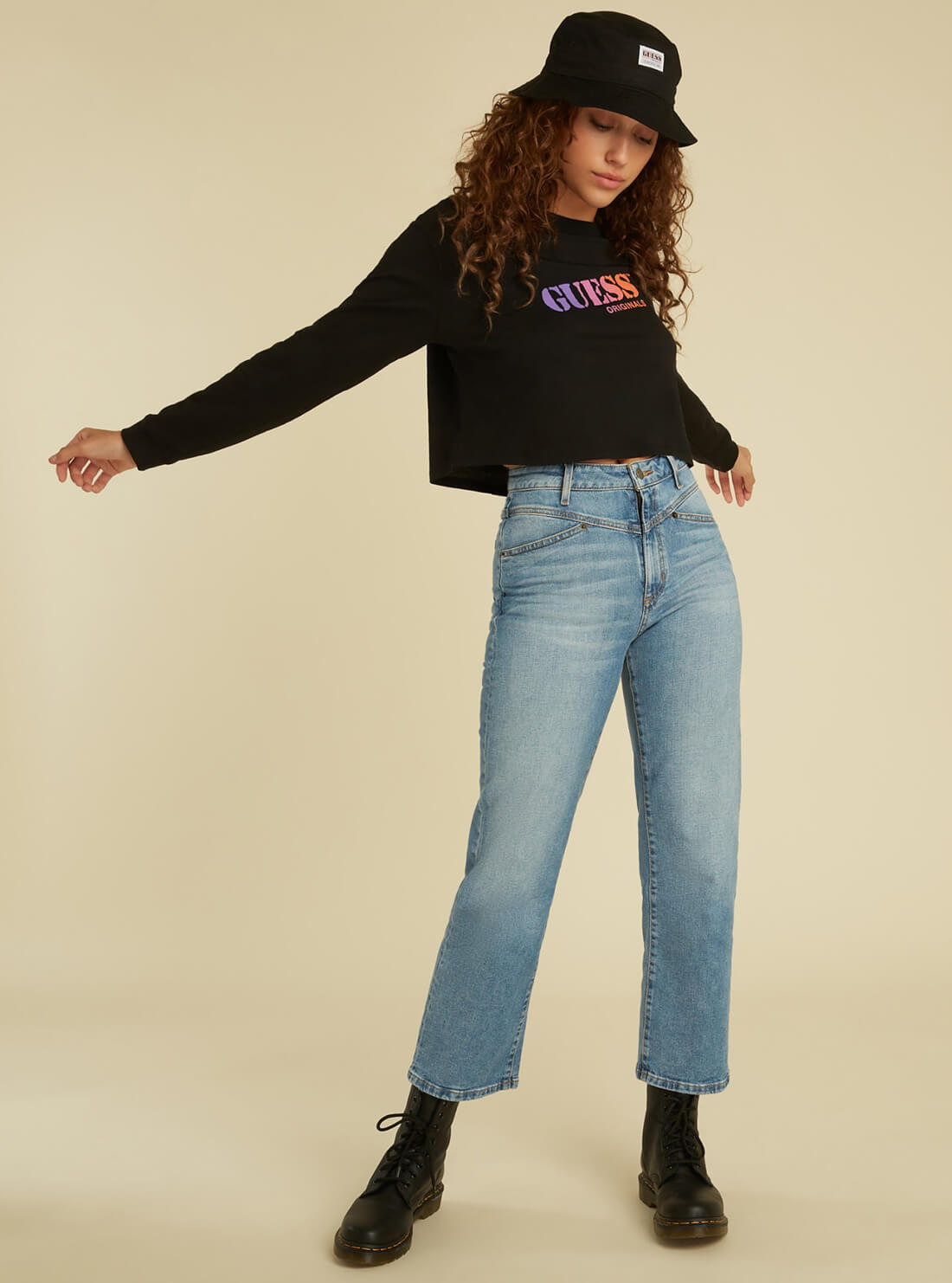 GUESS Womens GUESS Originals Black Logo Long Sleeve Crop T-Shirt W1GI13R9YD1 Full View