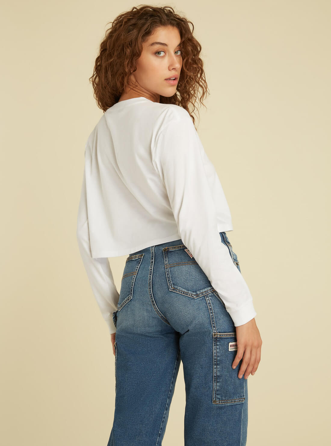GUESS Womens GUESS Originals White Logo Long Sleeve Crop T-Shirt W1GI13R9YD1 Back View