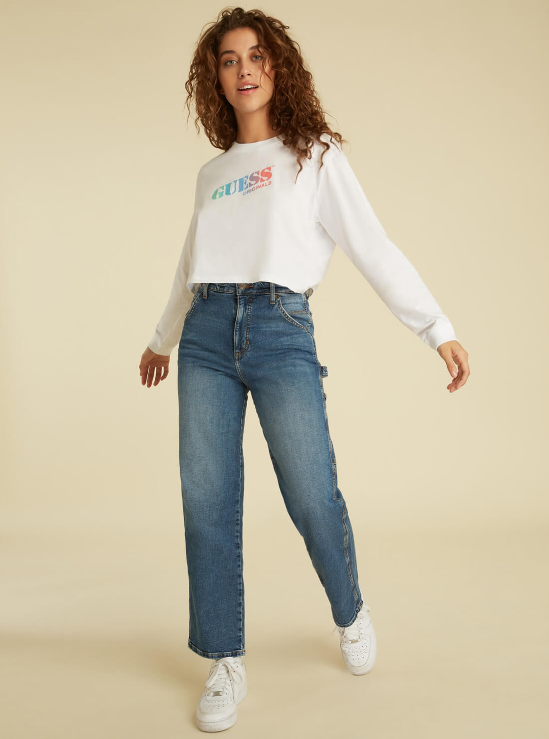 GUESS Womens GUESS Originals White Logo Long Sleeve Crop T-Shirt W1GI13R9YD1 Full View