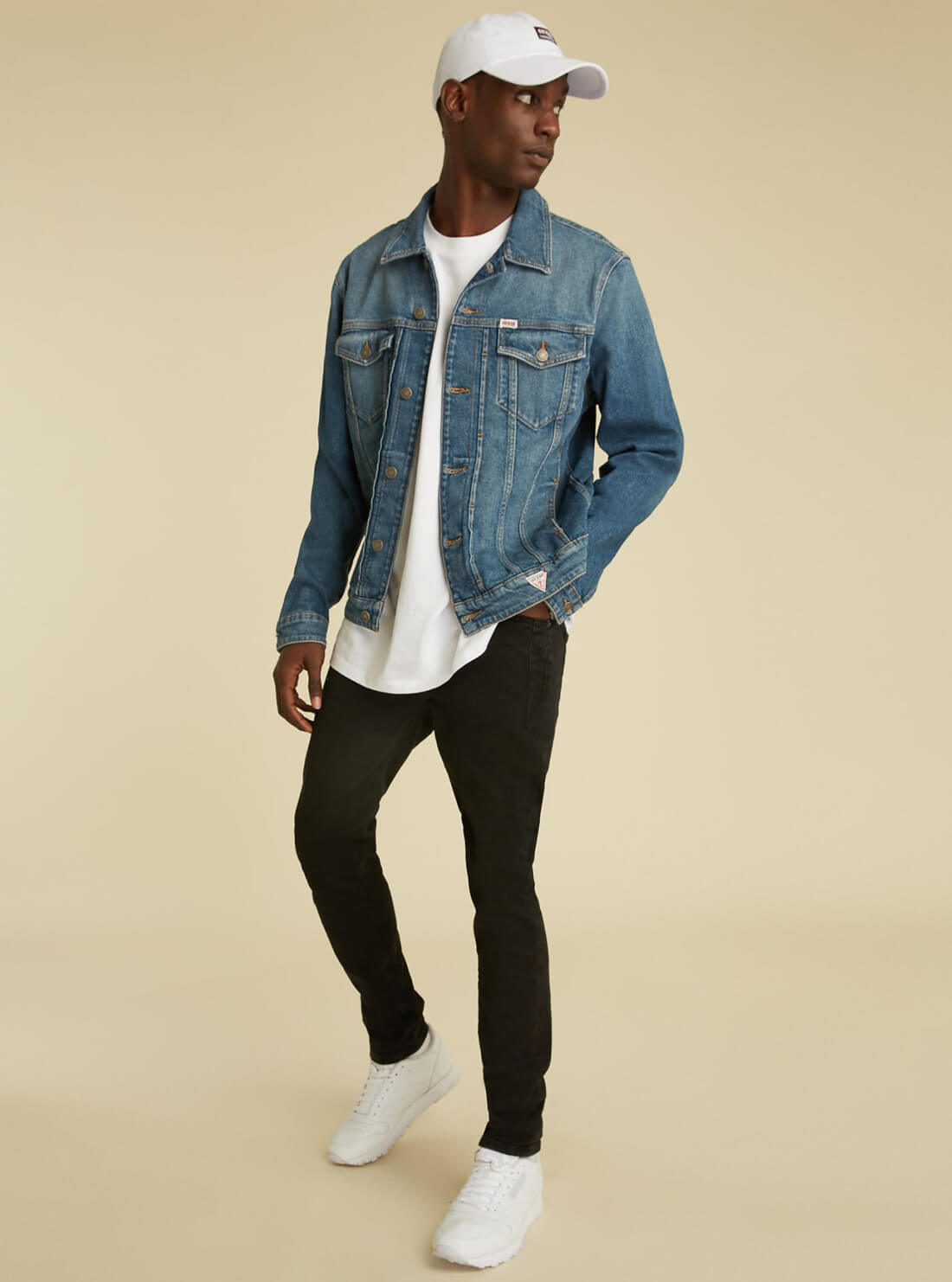 GUESS Mens GUESS Originals Mid-Rise Skinny Denim Jeans in Black Wash M1GA01R4AS0 Model Full View