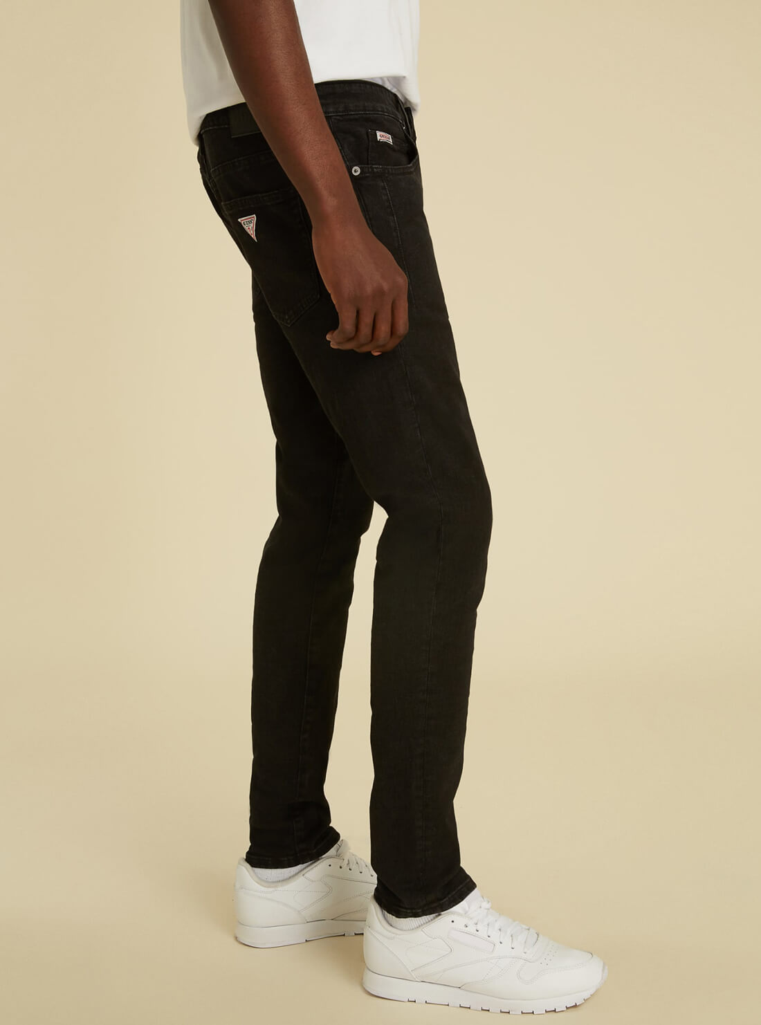 GUESS Mens GUESS Originals Mid-Rise Skinny Denim Jeans in Black Wash M1GA01R4AS0 Model Side View