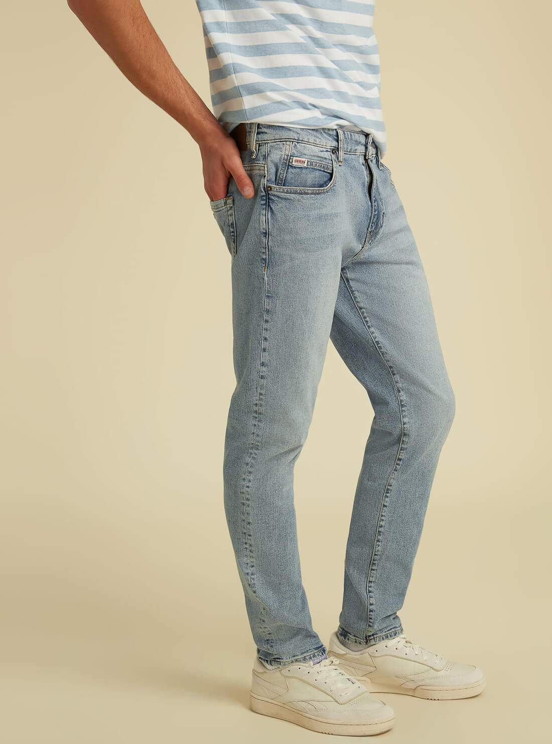GUESS Mens GUESS Originals Mid-Rise Slim Straight Denim Jeans in Creekside Wash M1GA04R49T0 Model Side View