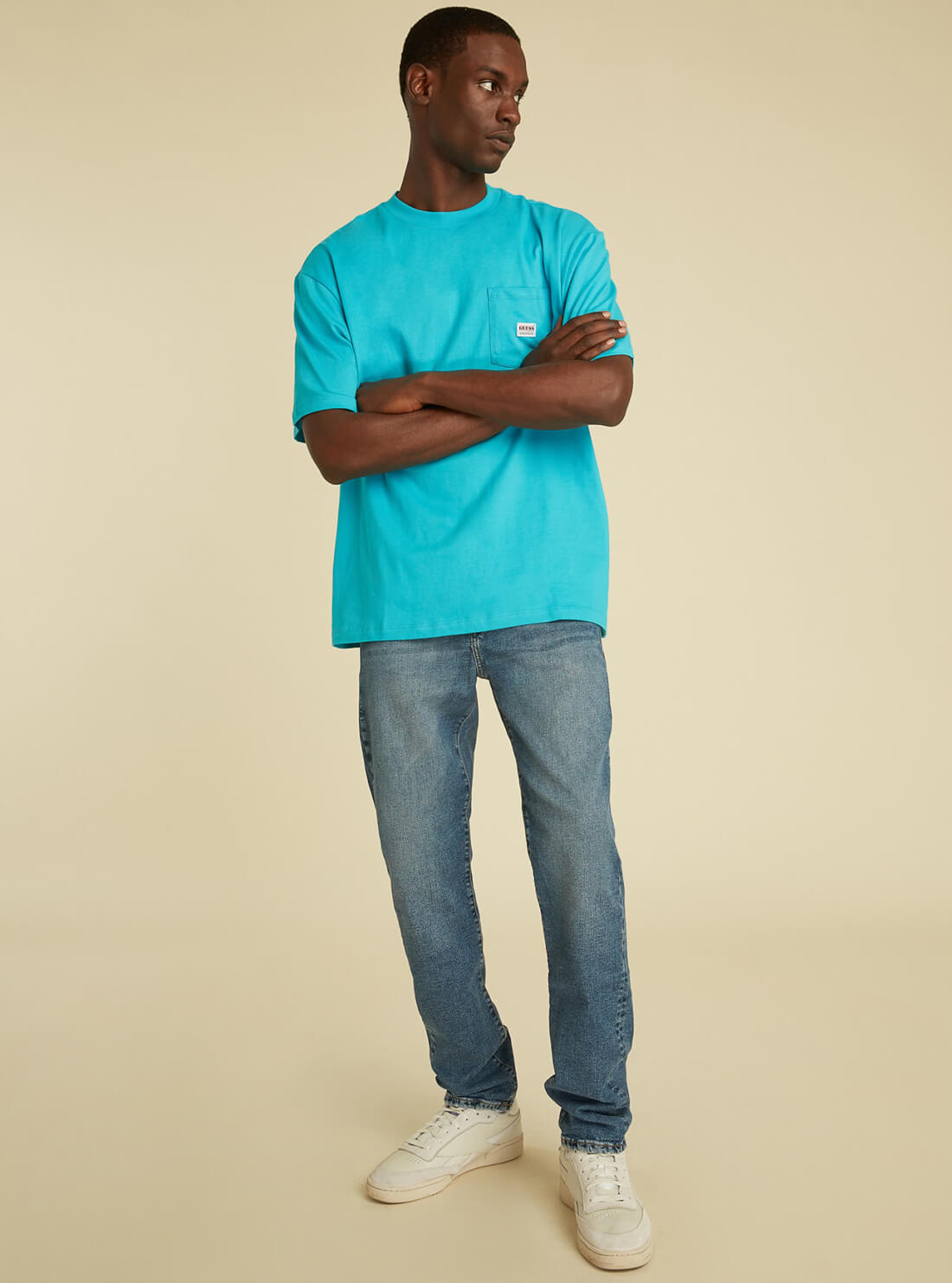 GUESS Mens GUESS Originals Paraiso Blue Pocket T-Shirt M1GI11RAGP0 Model Full View