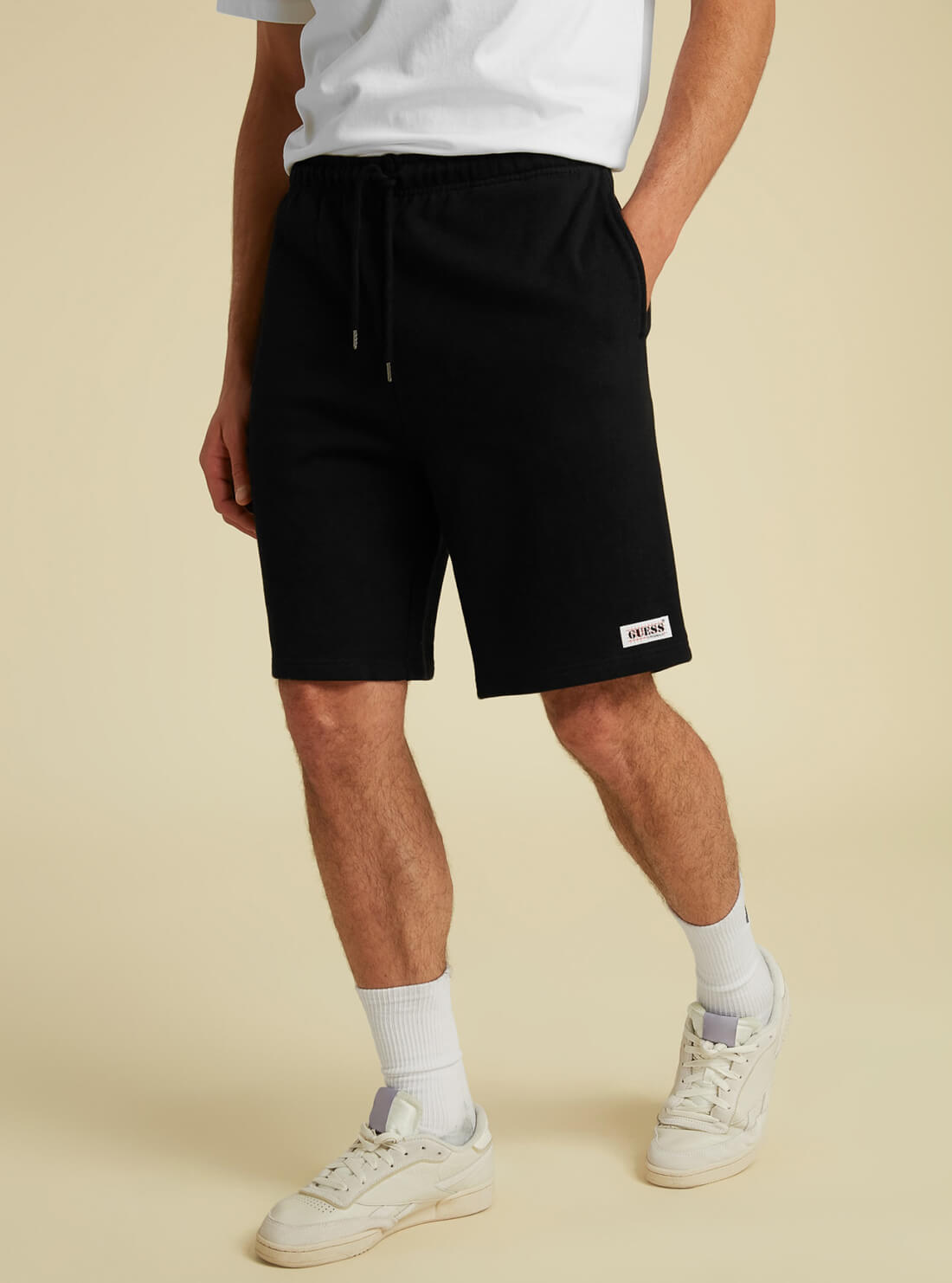 GUESS Mens GUESS Originals Black Relaxed Fit Kit Shorts MBYQ01RA1B3 Model Front View