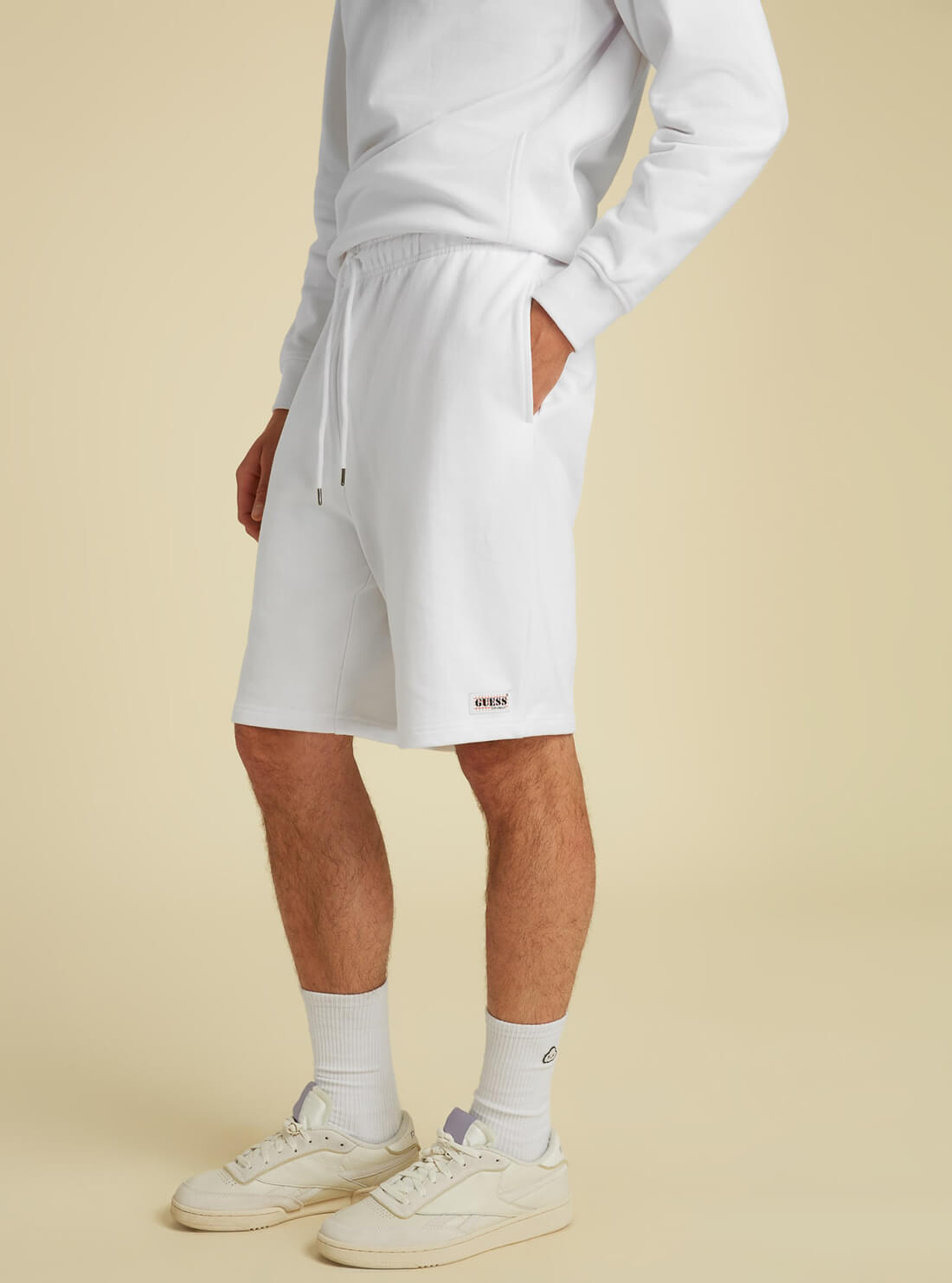 GUESS Mens GUESS Originals White Relaxed Fit Kit Shorts MBYQ01RA1B3 Side  View