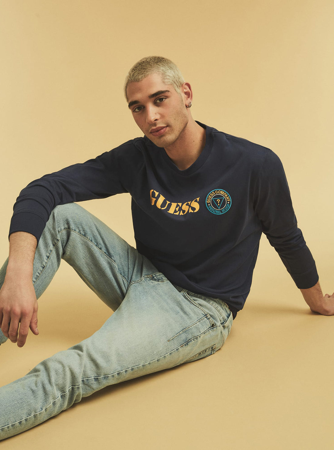 GUESS Mens GUESS Originals Navy Stencil Logo T-Shirt M1GI13RAGP0 Model Front Pose View