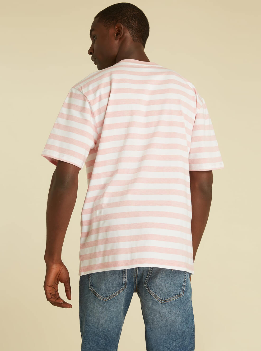 GUESS Mens GUESS Originals Pink Striped Logo T-Shirt M1GI12RAGP0 Model Back View
