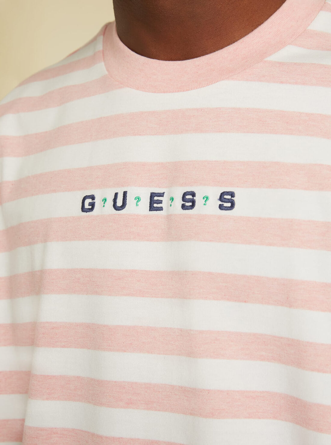 GUESS Mens GUESS Originals Pink Striped Logo T-Shirt M1GI12RAGP0 Model Detail View