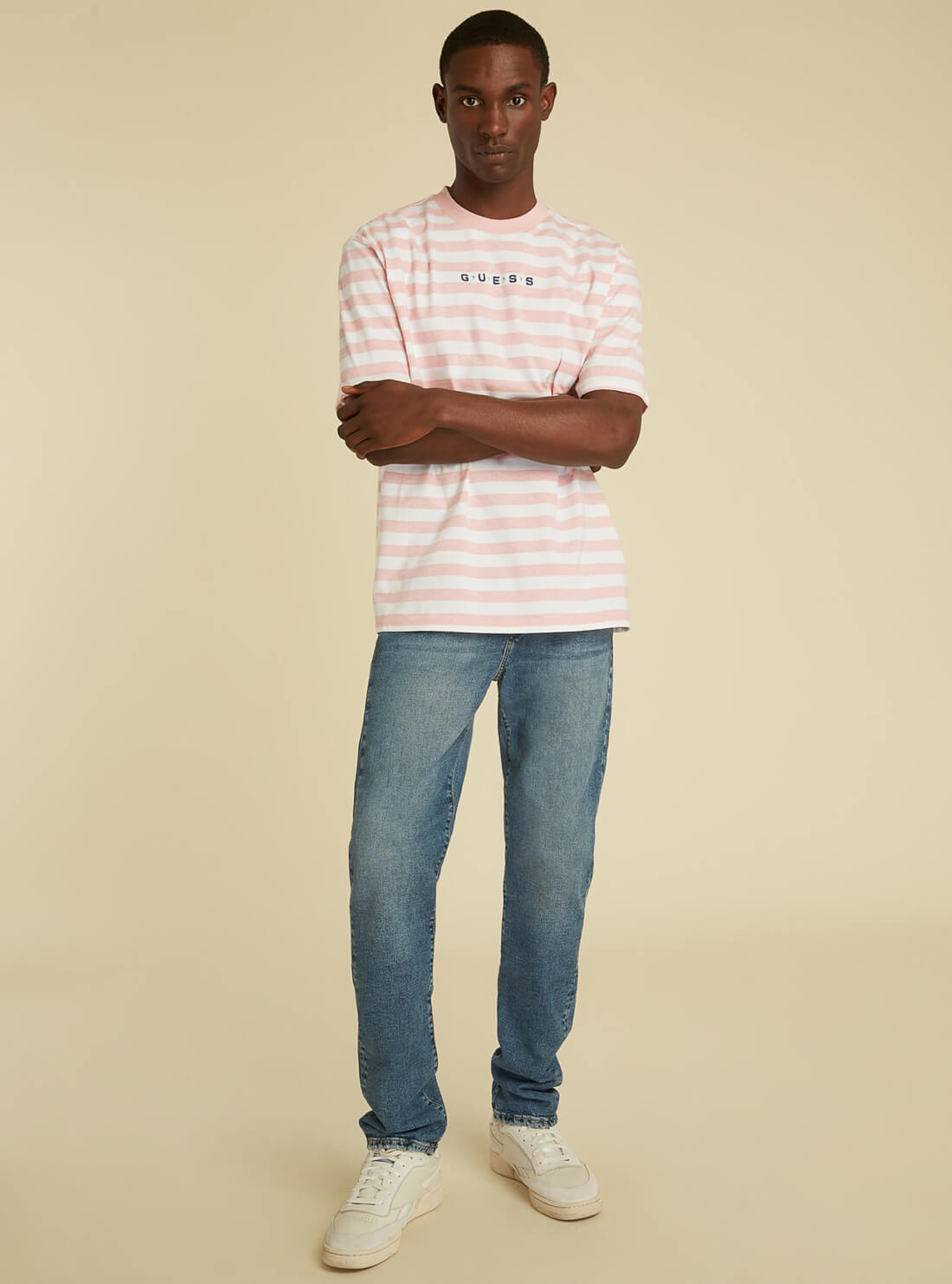 GUESS Mens GUESS Originals Pink Striped Logo T-Shirt M1GI12RAGP0 Model Full View