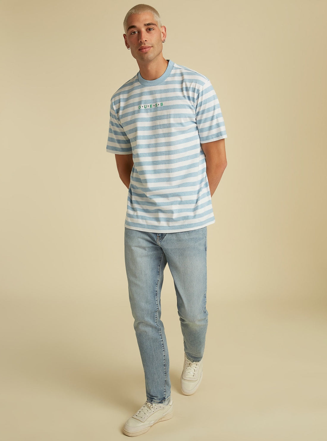 GUESS Mens GUESS Originals Blue Striped Logo T-Shirt M1GI12RAGP0 Model Full View