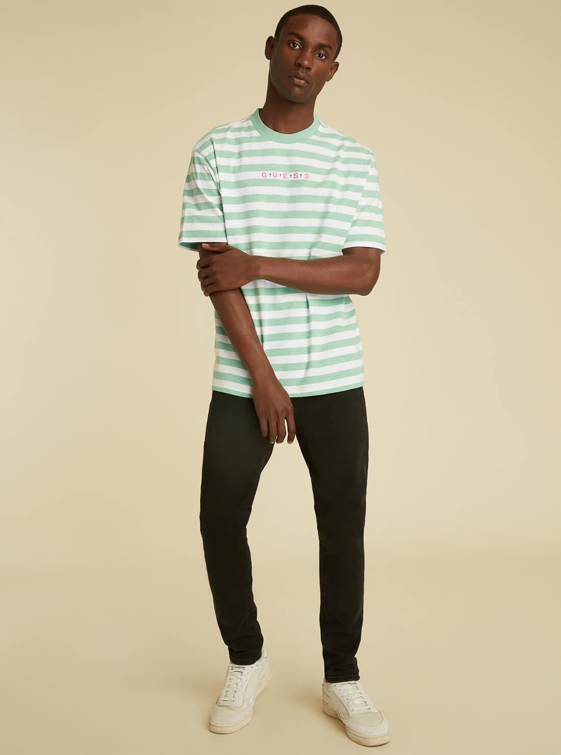 GUESS Mens GUESS Originals Green Striped Logo T-Shirt M1GI12RAGP0 Model Full View