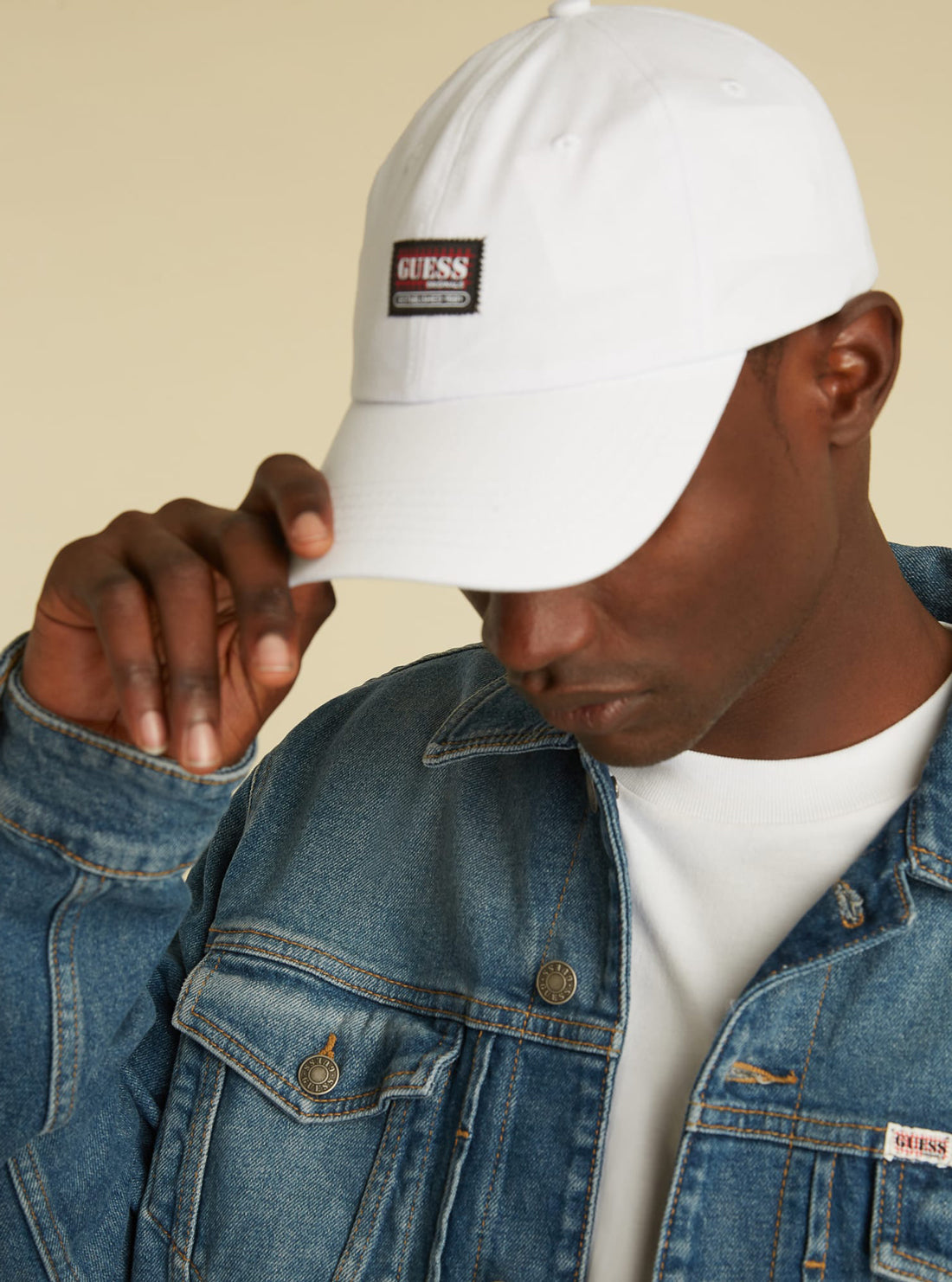 GUESS Unisex GUESS Originals White Dad Cap M1GZ36W7KD0 Male Model View