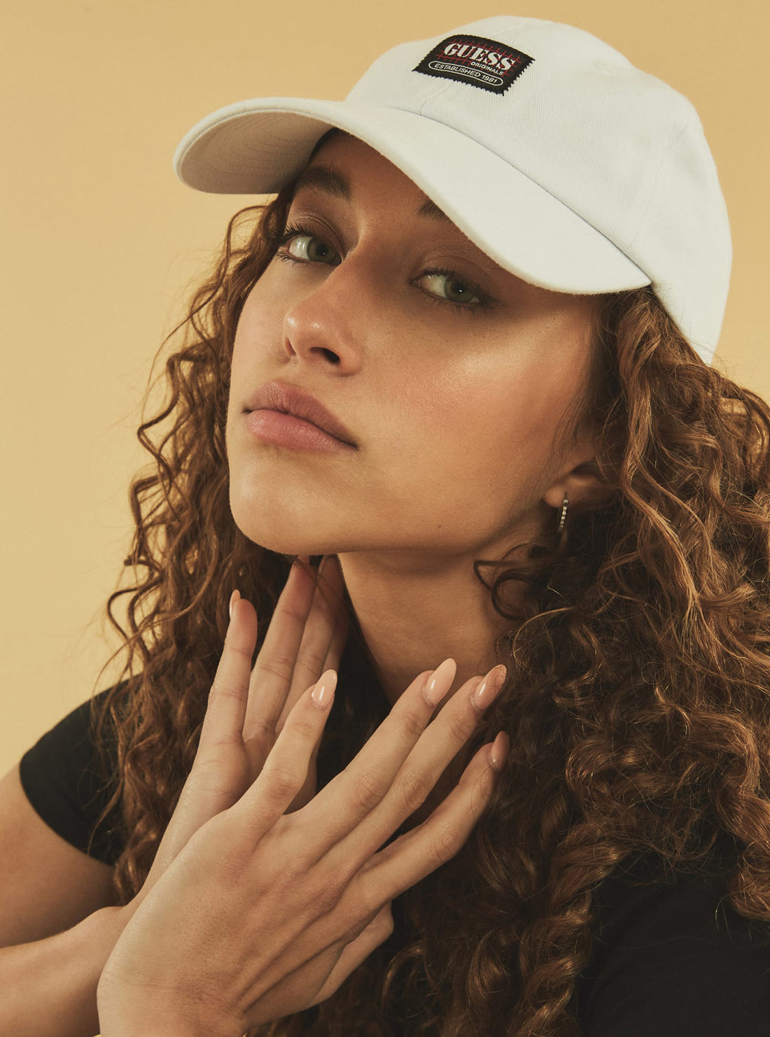GUESS Unisex GUESS Originals White Dad Cap M1GZ36W7KD0 Woman Model View