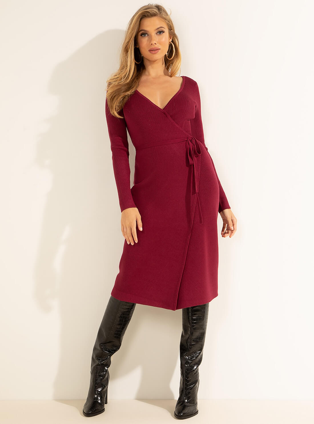 GUESS Womens Wine Red Everly Wrap Midi Dress W0RK51R2BF3 Full View