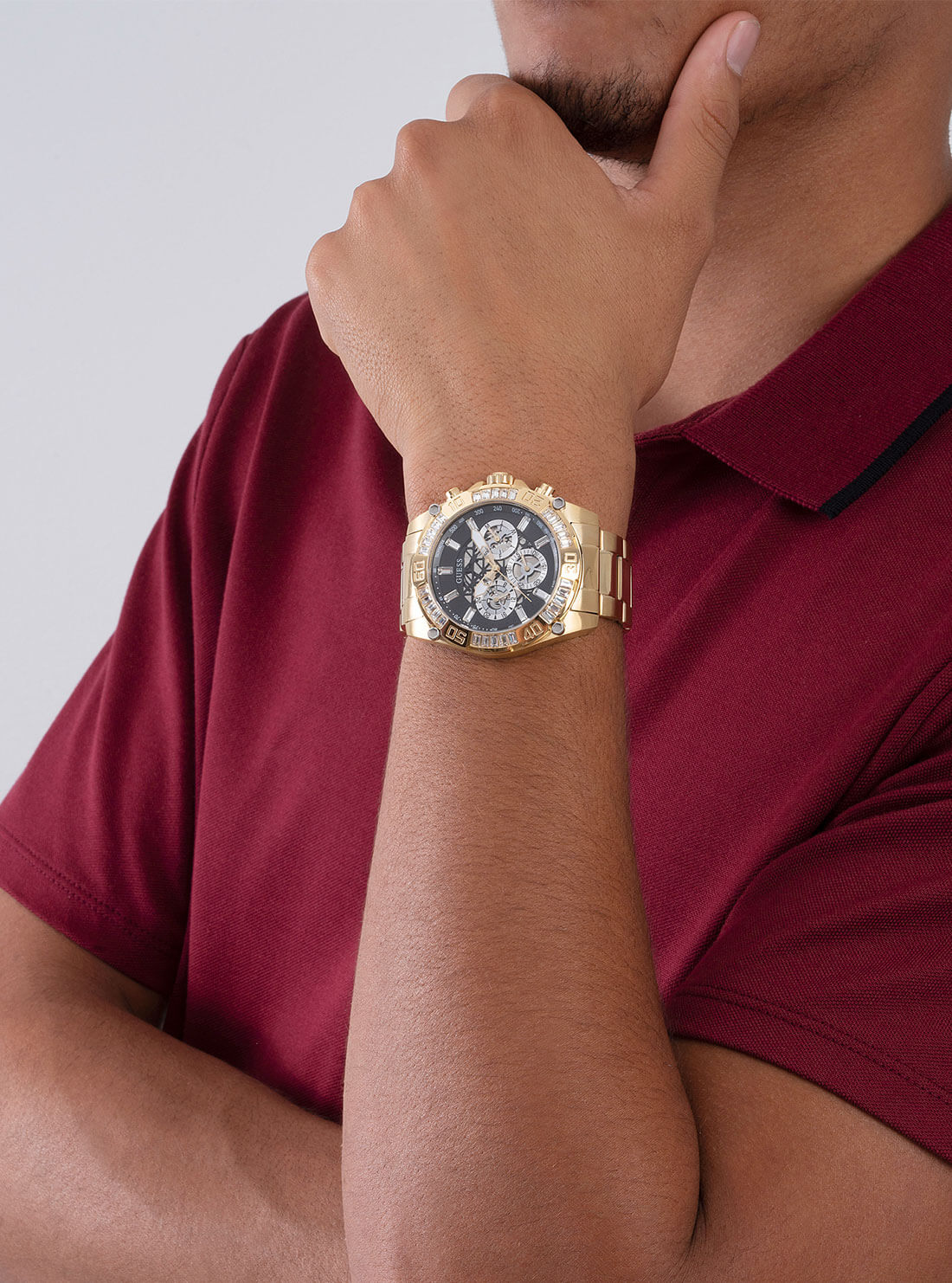 GUESS Mens Gold Trophy Watch GW0390G2 Model Wrist View