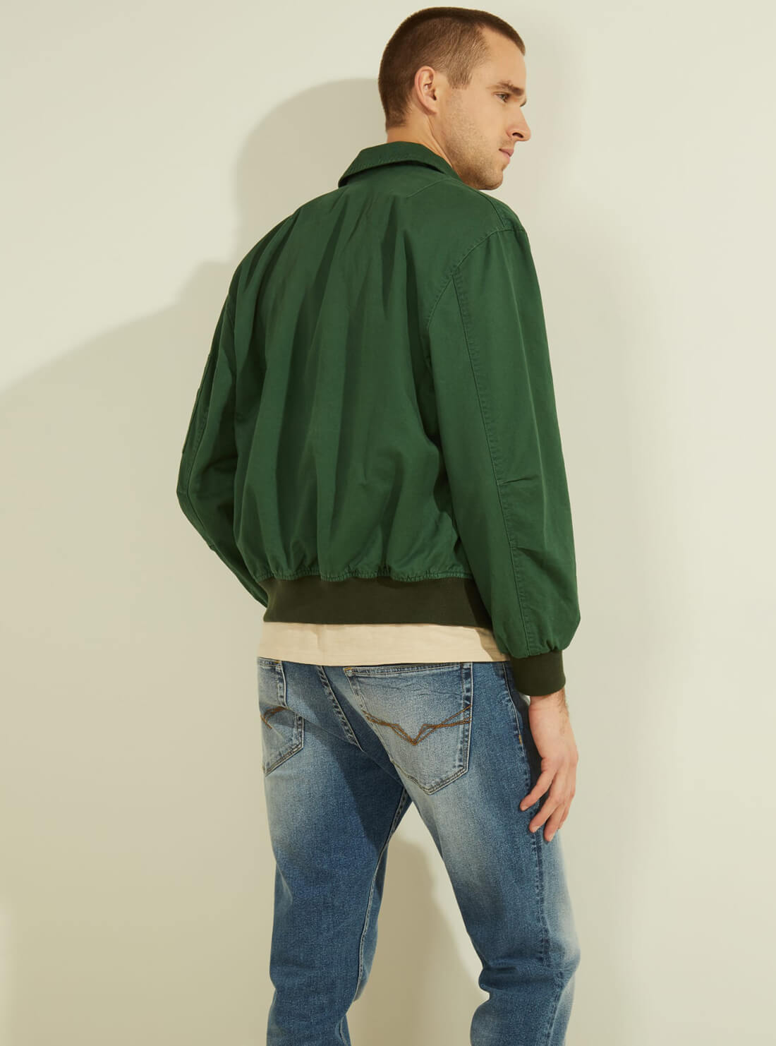 GUESS Mens Green Coated Twill Bomber Jacket M1GL03RDYC0 Model Back View
