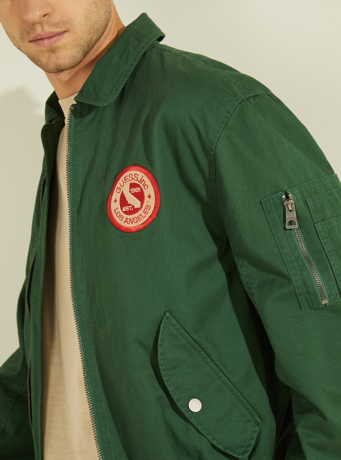 GUESS Mens Green Coated Twill Bomber Jacket M1GL03RDYC0 Model Detail View
