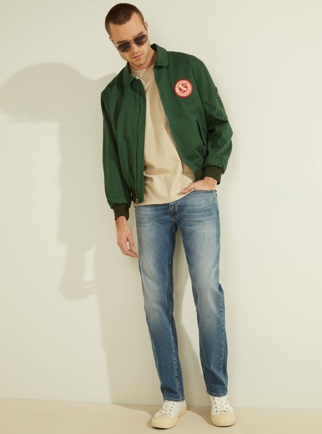 GUESS Mens Green Coated Twill Bomber Jacket M1GL03RDYC0 Model Full View