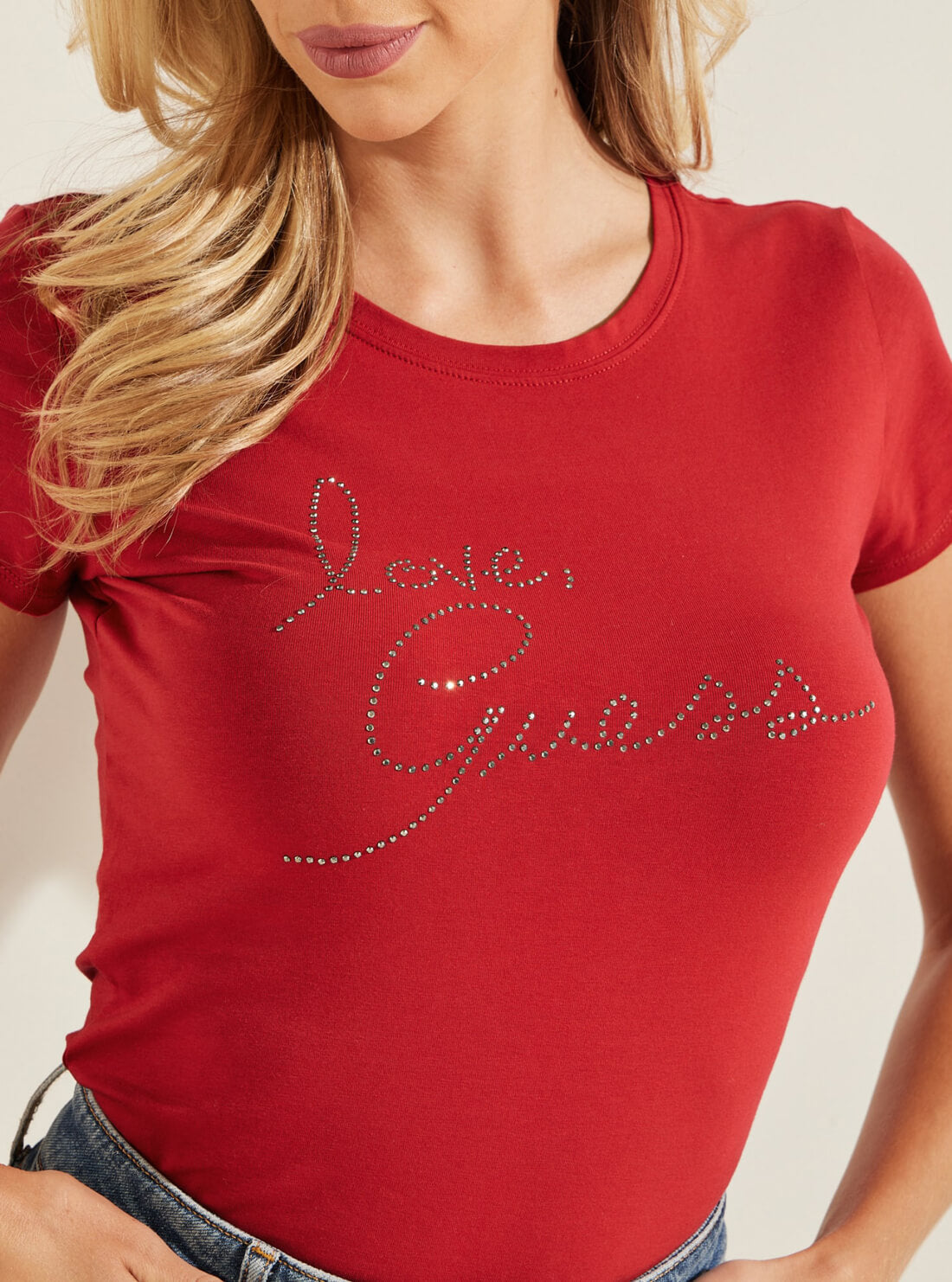 GUESS Womens Red Love GUESS Rhinestone T-Shirt W1BI38KAKZ1 Detail View