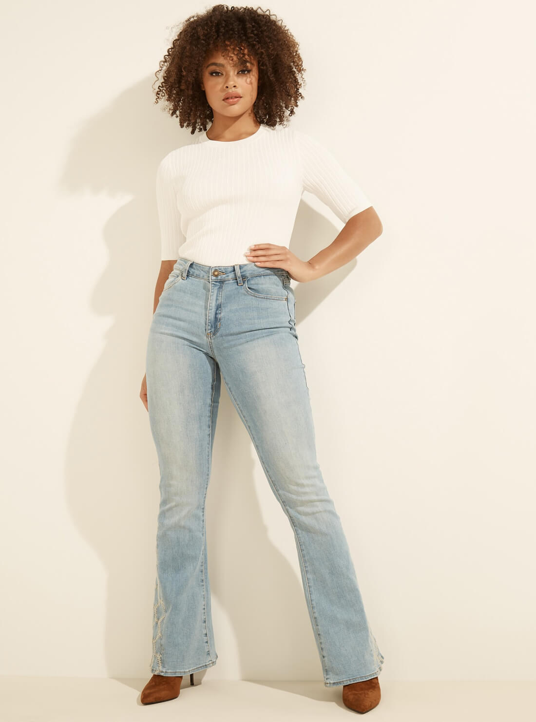 GUESS Womens High-Rise Embroidered Flare Denim Jeans in Tide Runner Wash W1YA27R4EP0 Full View