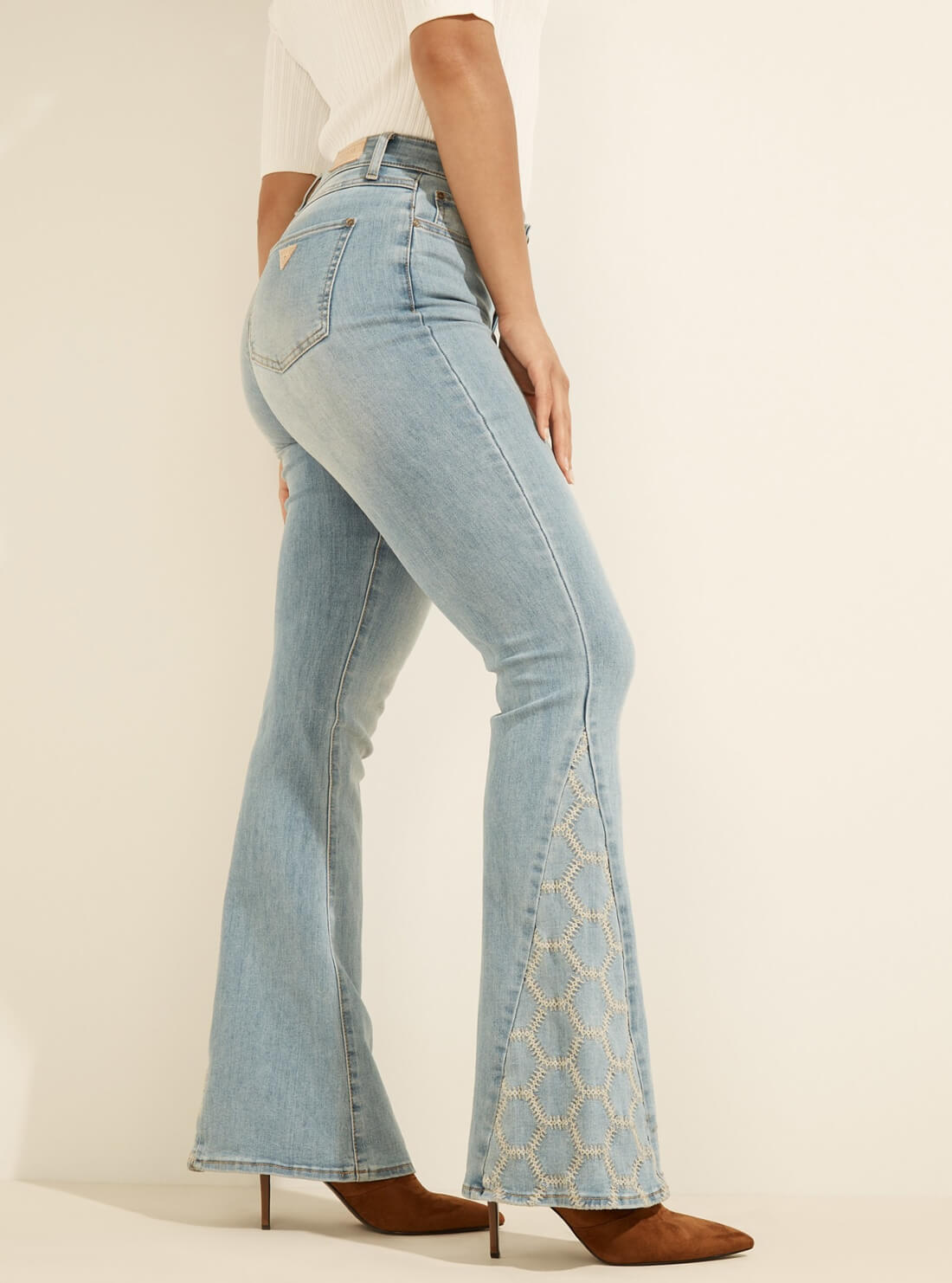 GUESS Womens High-Rise Embroidered Flare Denim Jeans in Tide Runner Wash W1YA27R4EP0 Side View
