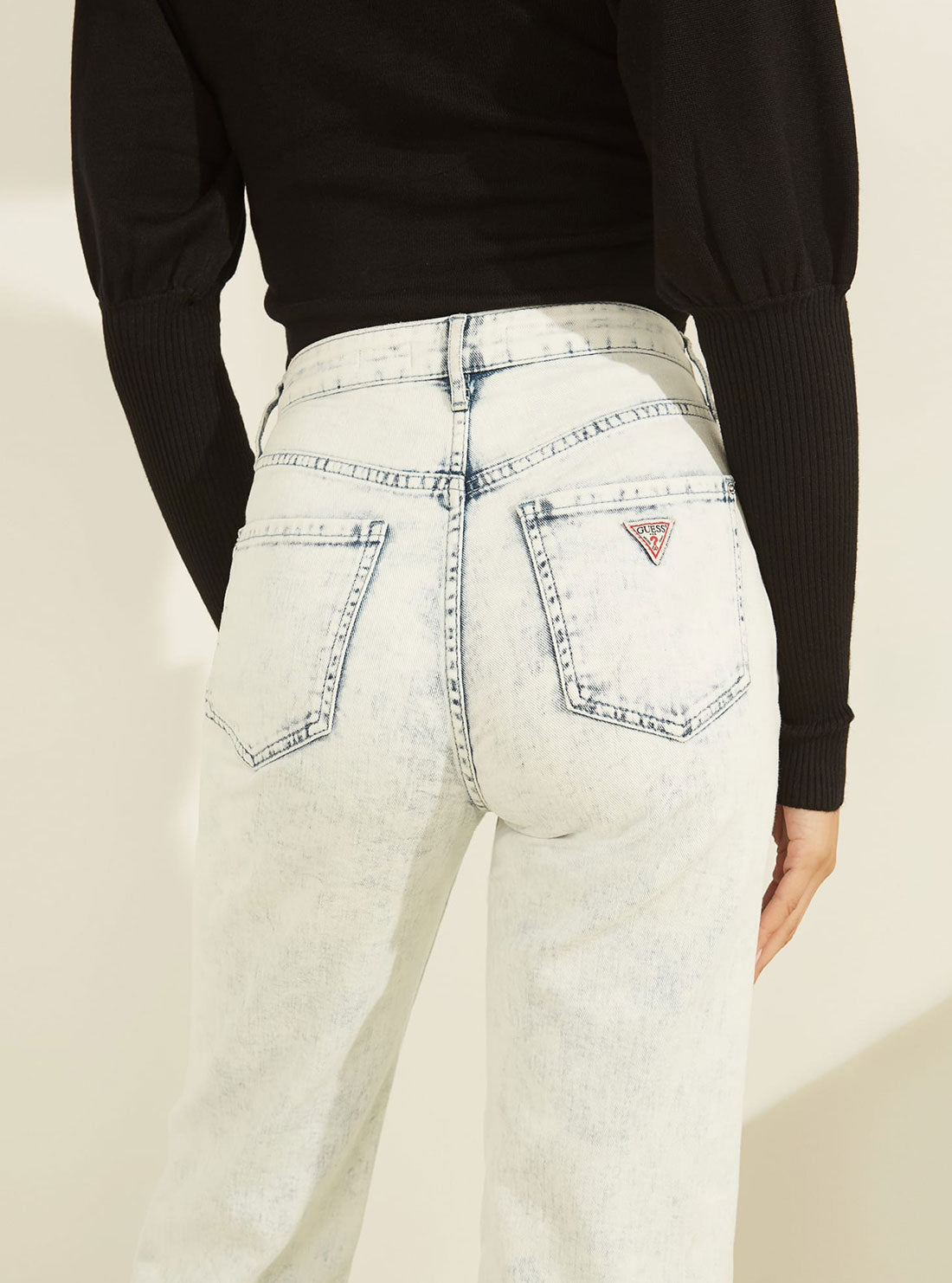 GUESS Womens High-Rise Wide-Leg Cropped Denim Jeans in Patched Shadow Wash W0YD0RD3E24 Detail View