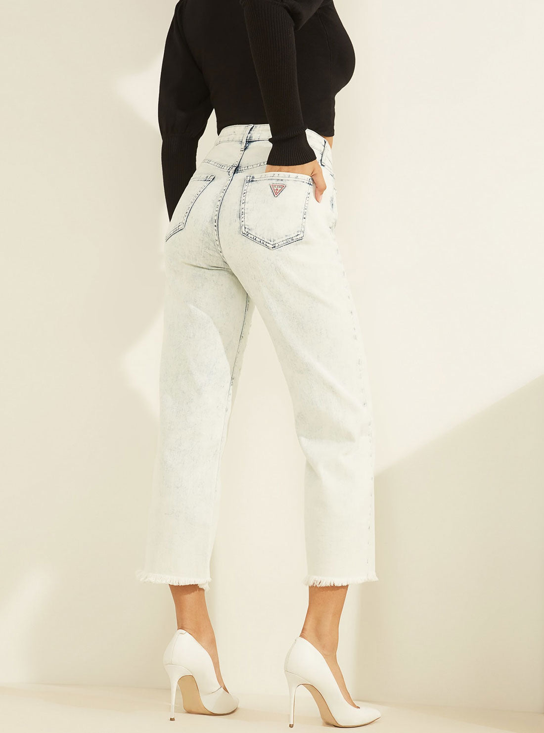 GUESS Womens High-Rise Wide-Leg Cropped Denim Jeans in Patched Shadow Wash W0YD0RD3E24 Back View