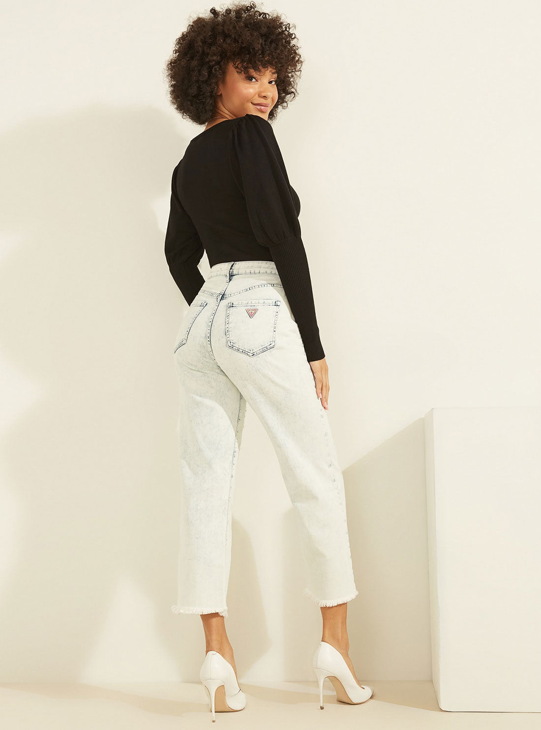GUESS Womens High-Rise Wide-Leg Cropped Denim Jeans in Patched Shadow Wash W0YD0RD3E24 Back Full View