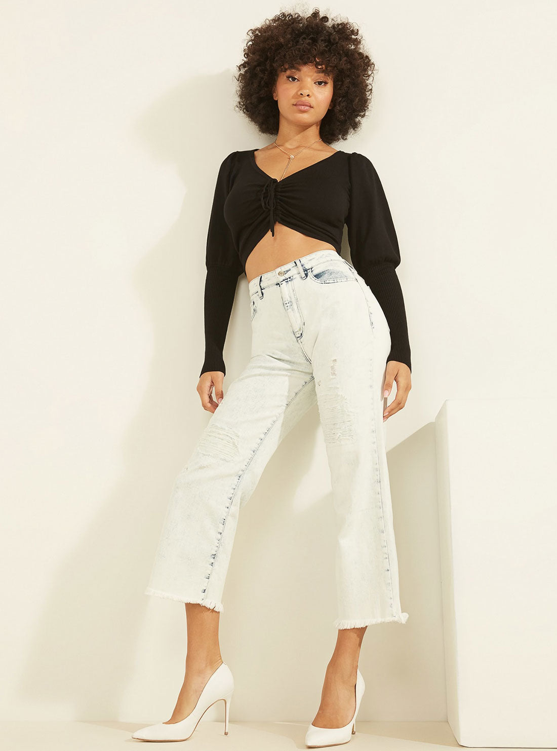 GUESS Womens High-Rise Wide-Leg Cropped Denim Jeans in Patched Shadow Wash W0YD0RD3E24 Full View