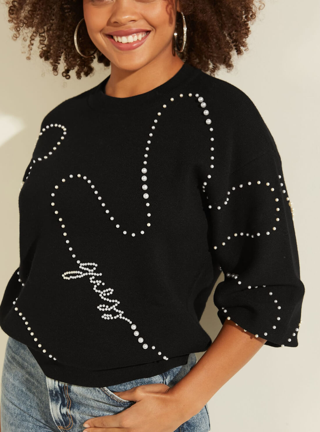 GUESS Womens Black Ginny Pearl Sweater Top W1BR25Z26I0 Detail View