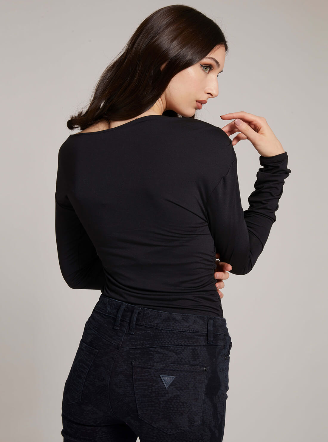 GUESS Womens Black Issa Off-Shoulder Top W1BP33K1K91 Back View