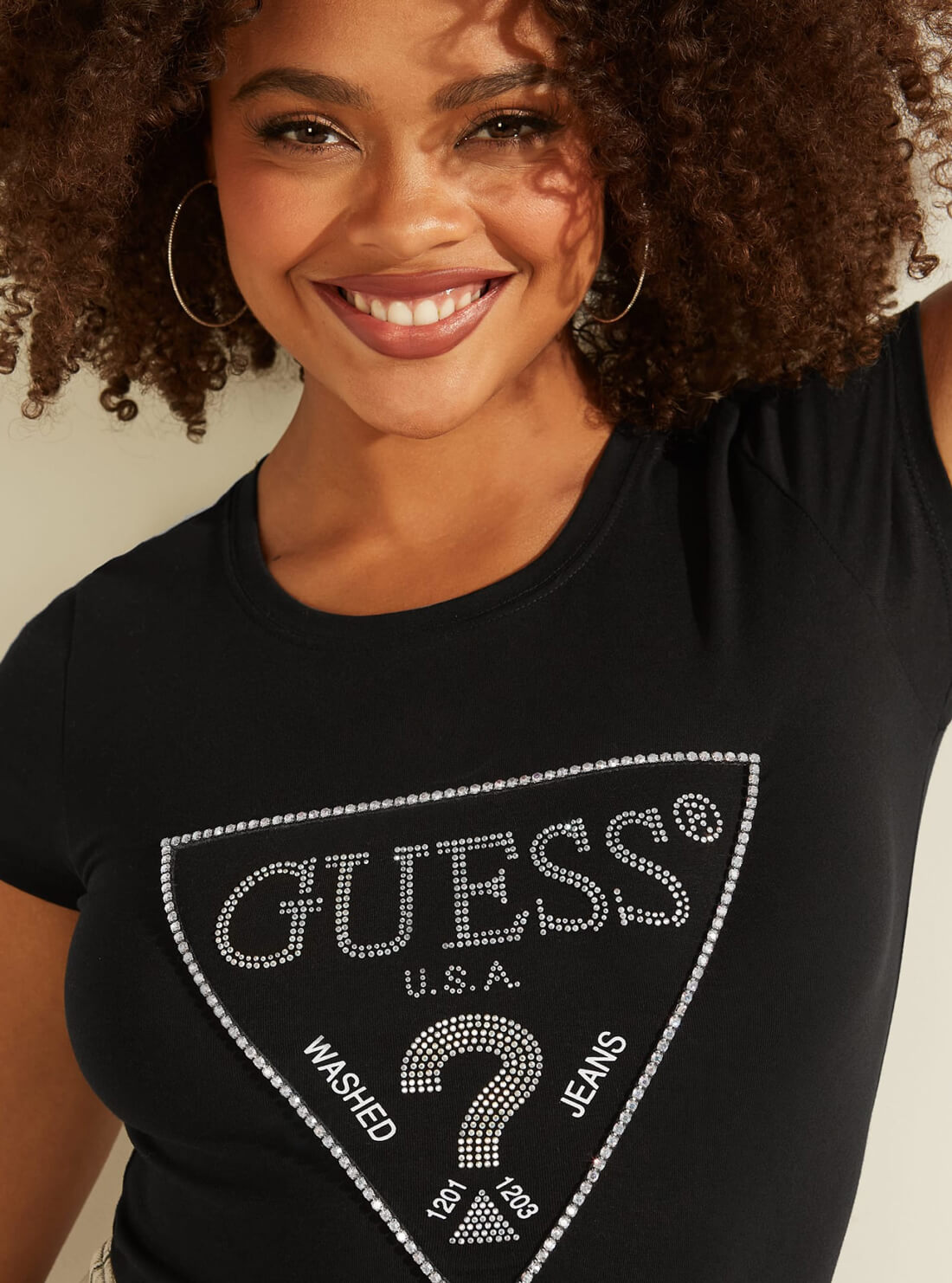 GUESS Womens Black Rhinestone Amalur Logo T-Shirt W1BI00J1311 Detail View