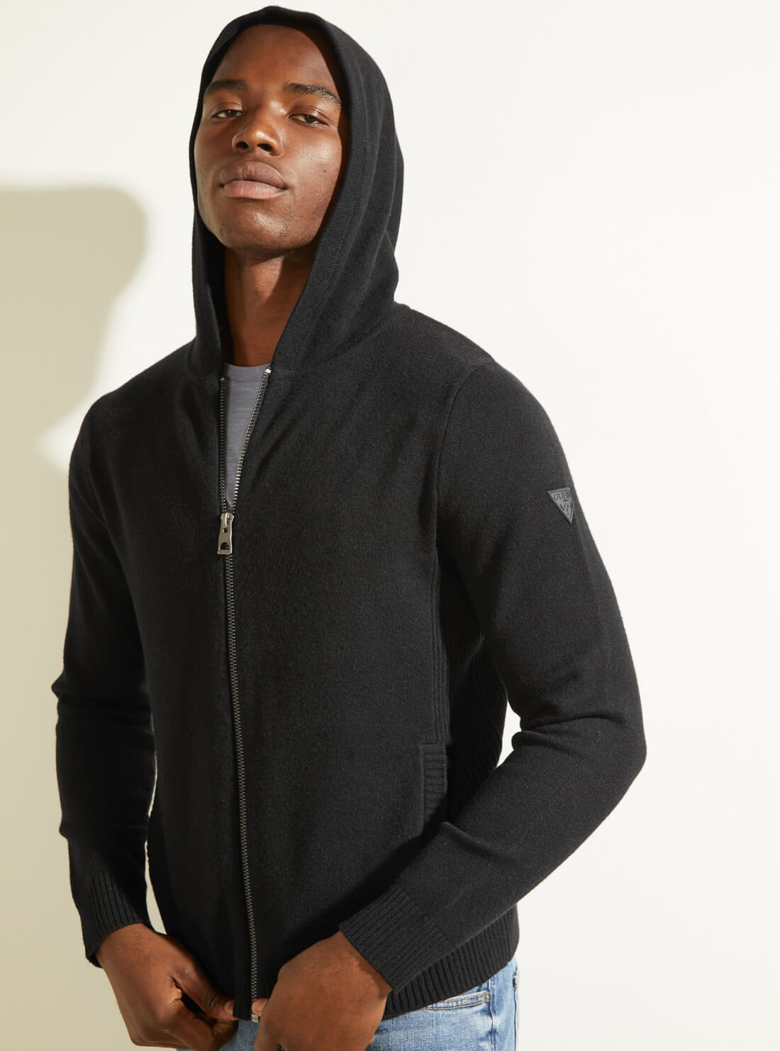 GUESS Mens Jet Black Liam Zip-Up Jacket M1BR38Z2MK0 Detail View
