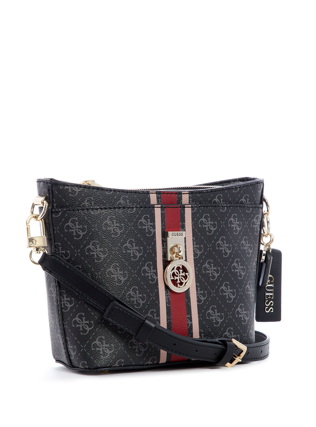 GUESS Womens Black Multi Logo Jensen Crossbody Bucket Bag SS787630 Front Side View