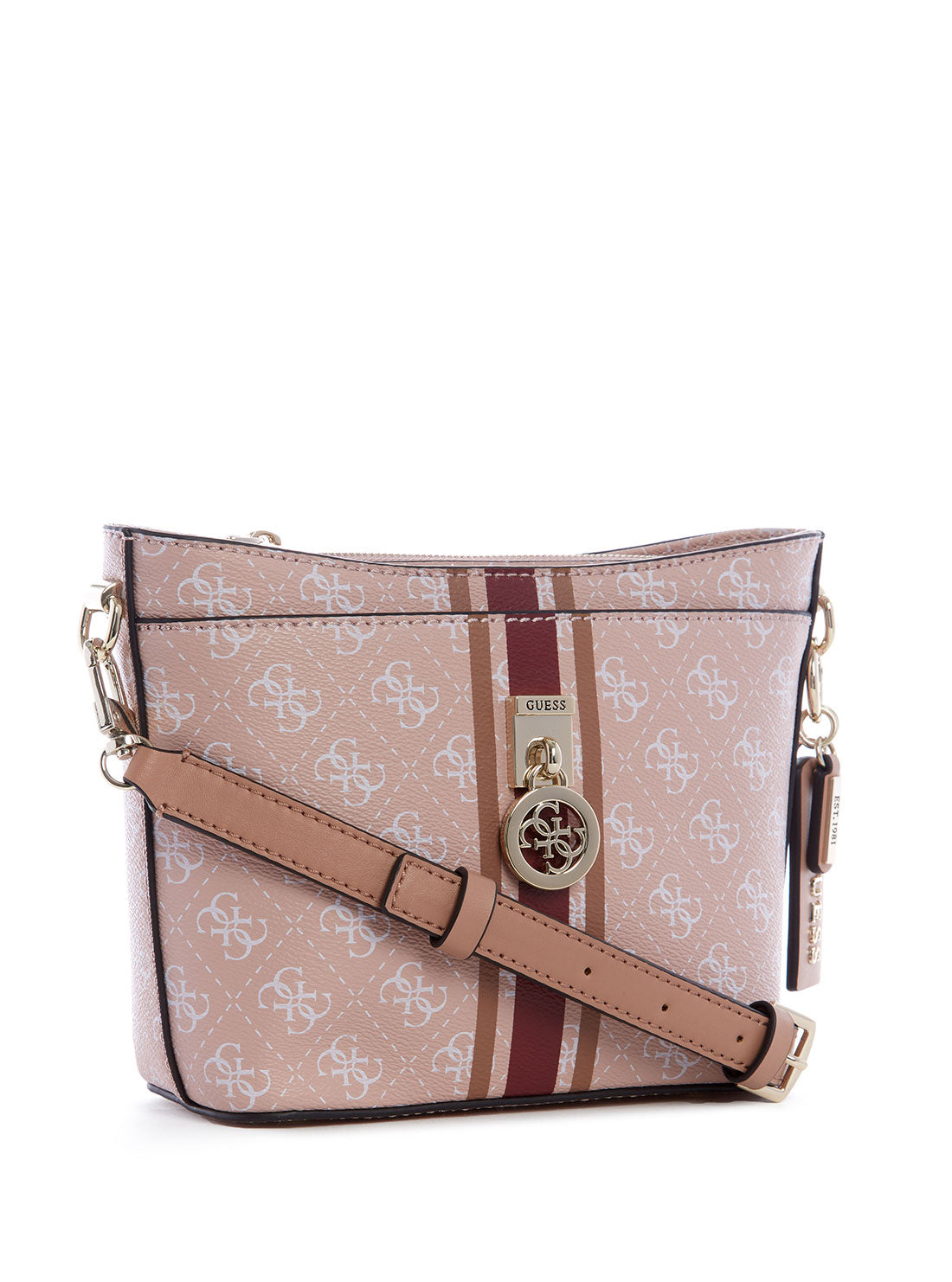 GUESS Womens Pink Multi Logo Jensen Crossbody Bucket Bag SS787630 Front Side View