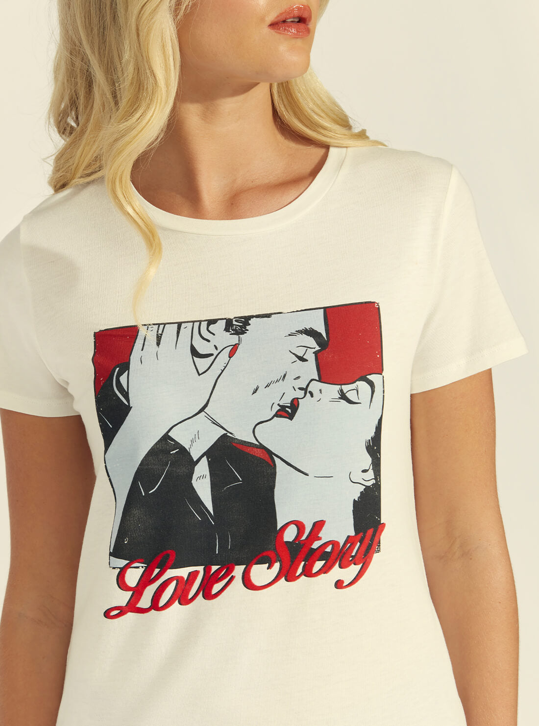 GUESS Womens Cream Print Love Story T-Shirt W1BI53K9SN2 Detail View