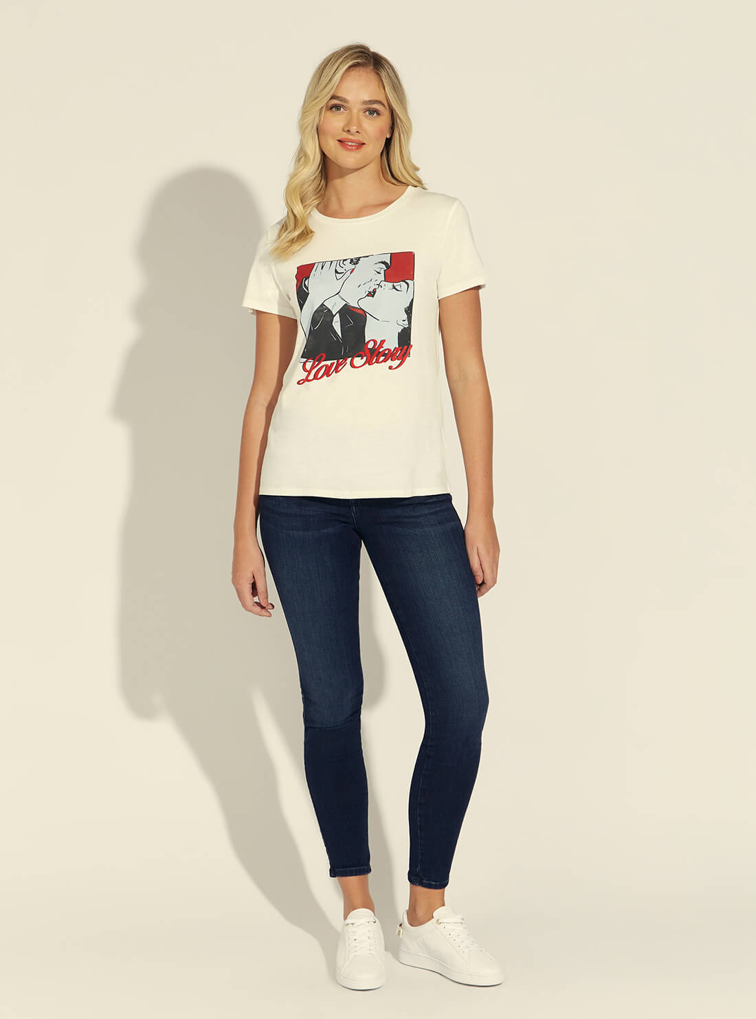 GUESS Womens Cream Print Love Story T-Shirt W1BI53K9SN2 Full View