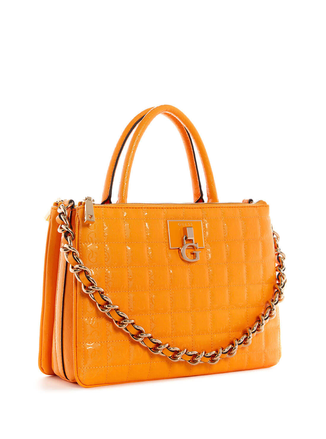 GUESS Womens Orange Quilted Kobo Status Satchel GG841106 Front Side View