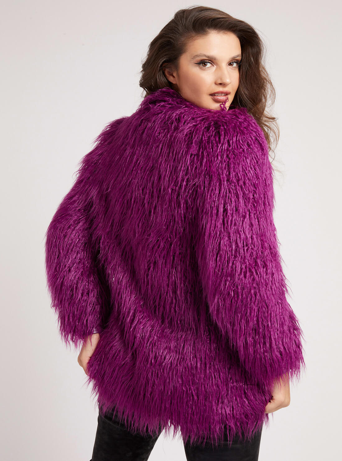 GUESS Womens Purple Maurizia Shaggy Faux-Fur Coat W1BL50WE9M0 Back View
