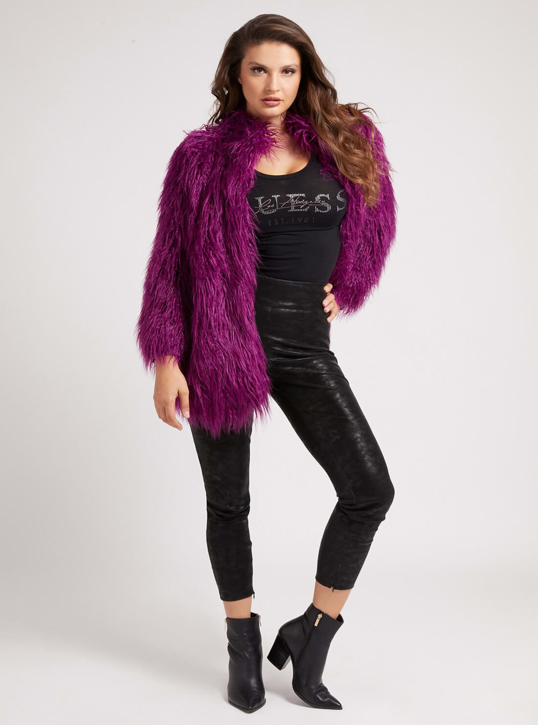 GUESS Womens Purple Maurizia Shaggy Faux-Fur Coat W1BL50WE9M0 Full View