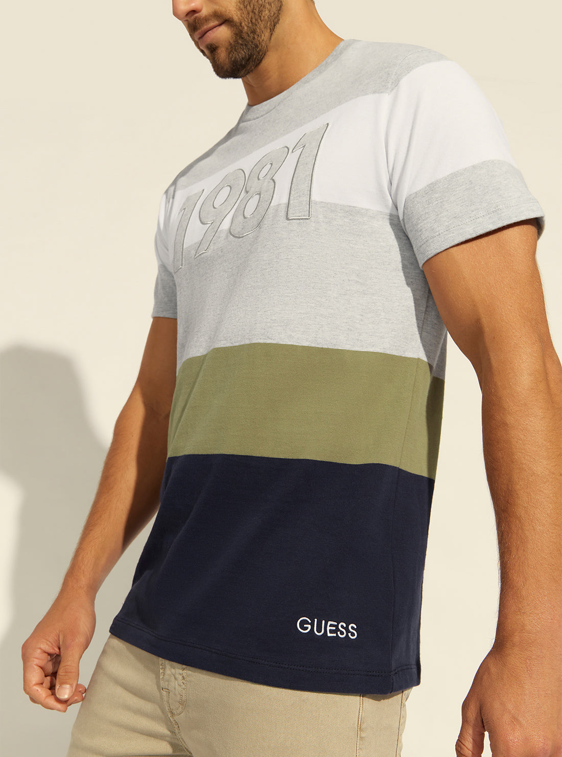 GUESS Mens 1981 Ghost Colour Block T-Shirt M2RI09RA260 Model Detail View