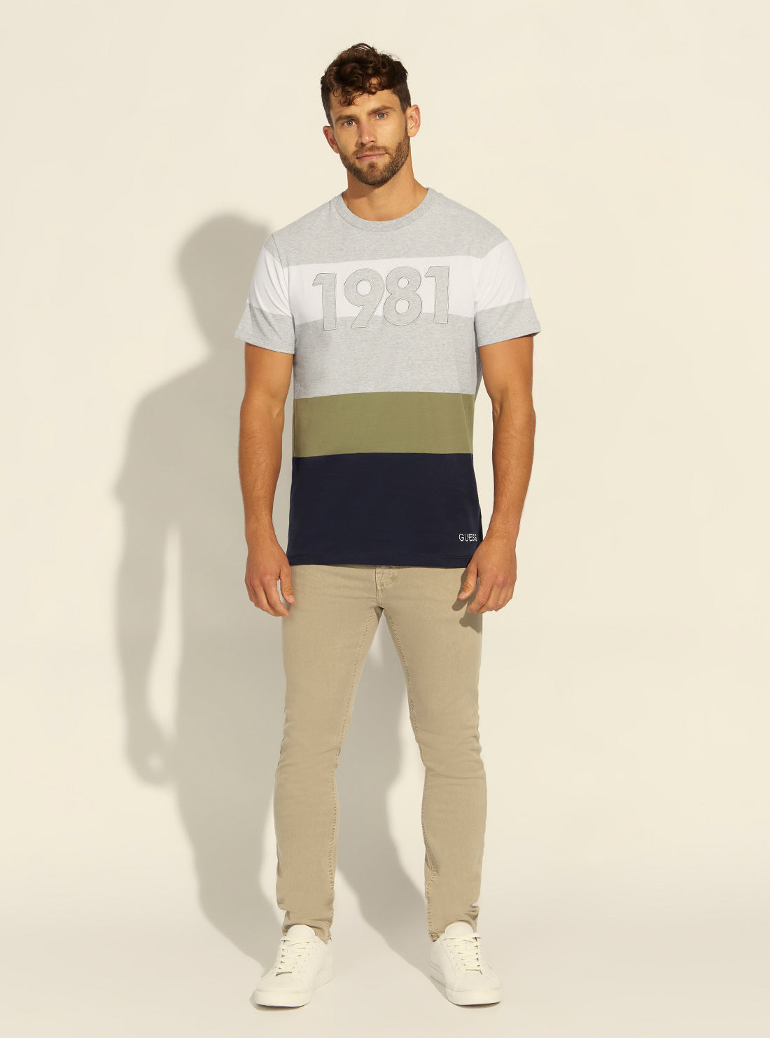 GUESS Mens 1981 Ghost Colour Block T-Shirt M2RI09RA260 Model Full View
